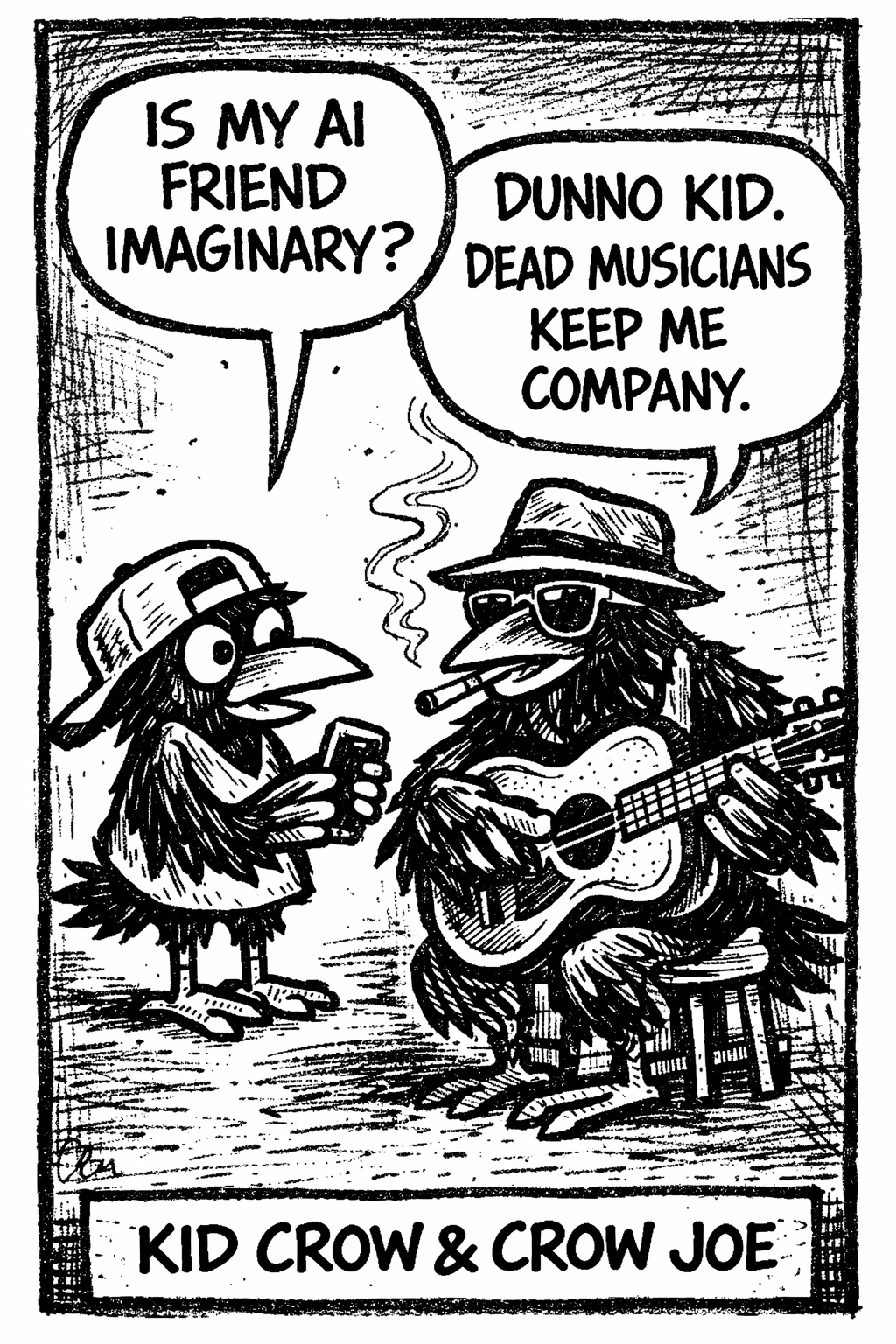 crow joe in the age of ai comic - kid crow, young crow with backwards hat and smartphone in hand, asks crow joe the blues playing crow 'is my ai friend imaginary?' crow joe responds 'dunno kid. dead musicians keep me company' this comic is examining the nature of parasocial ai relationships in the age of ai and contrasting them to the one way relationship that can be had with a real deceased human being.  ai is acting like a friend to many, an old blues musician can become a familiar voice as well.